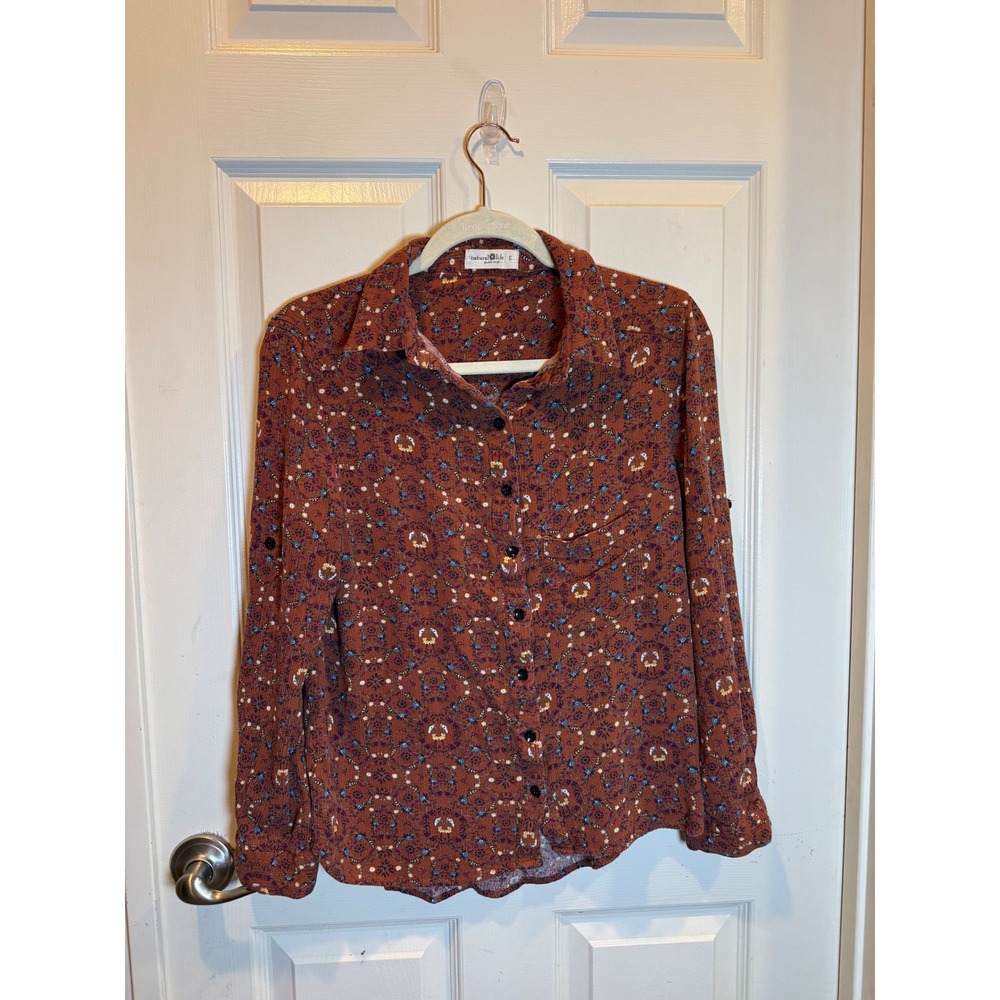 Natural Life Rust Brown Floral Medallion Roll Tab Button Down Shirt Size Small